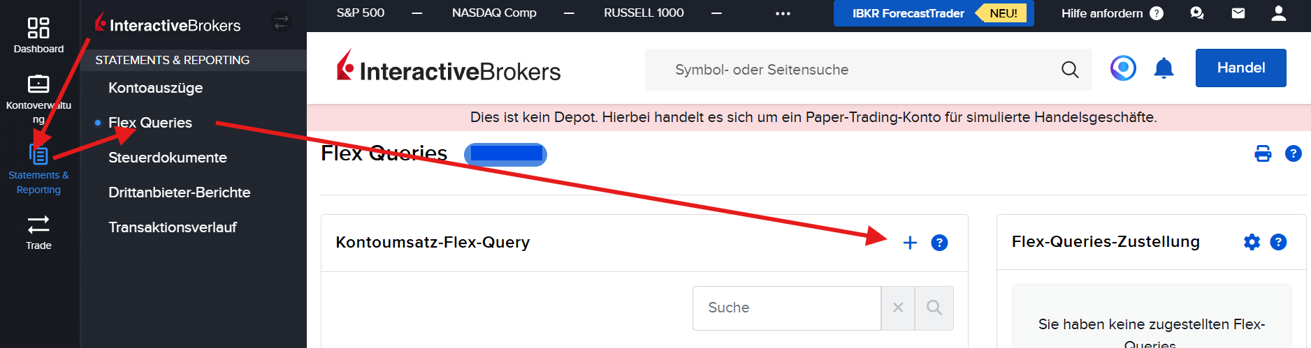Flex Queries Seite – Plus-Symbol zum Erstellen
